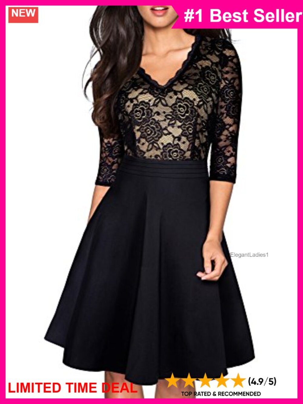 Women's V-Neck Lace Patchwork A-Line Flare Party Dress 3/4 Sleeve